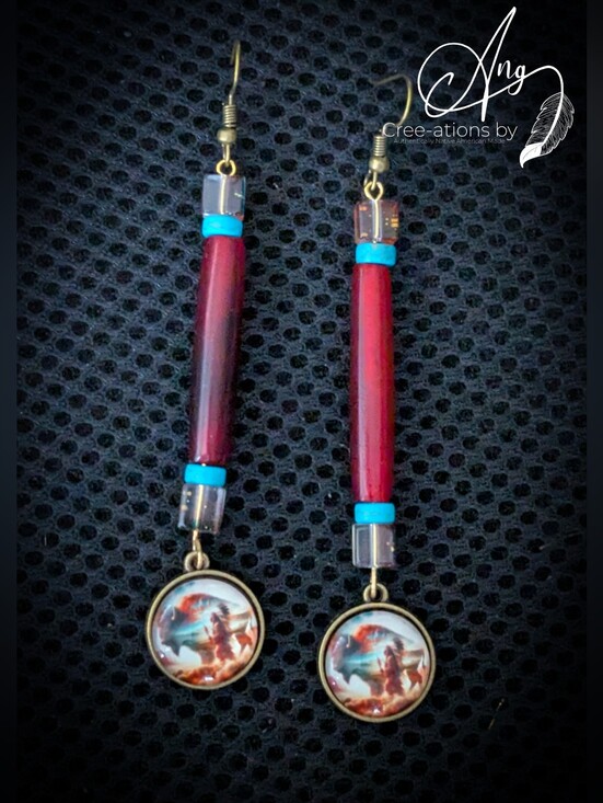 Native American Jewelry - Indigenous Red Buffalo Bone Hairpipe Turquoise Drop Earrings Bison Chief Pendant